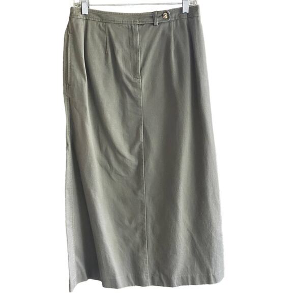 TALBOTS Sz 8 Skirt Cotton Long Neutral Minimalist Academia Back Slit Sage Modest - Picture 1 of 9
